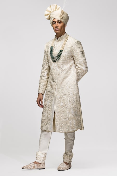 Shop Asuka Beige Silk Embroidery Gota Raw Sherwani Set at Aza Fashions Shop_Asuka_Beige Silk Embroidery Gota Raw Sherwani Set _at_Aza_Fashions