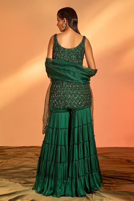 Shop J By Jannat Green Satin Chiffon Hand Embroidery Sequin Scallop Kurta Sharara Set at Aza Fashions Shop_J By Jannat_Green Satin Chiffon Hand Embroidery Sequin Scallop Kurta Sharara Set _at_Aza_Fashions