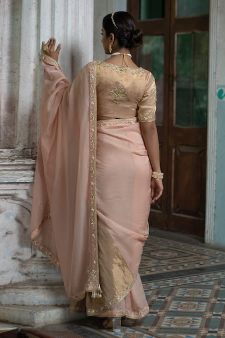 Shop Sheela Suthar Gold Tissue, Organza Zari Border Embroidered Saree With Running Blouse at Aza Fashions Shop_Sheela Suthar_Gold Tissue, Organza Zari Border Embroidered Saree With Running Blouse _at_Aza_Fashions