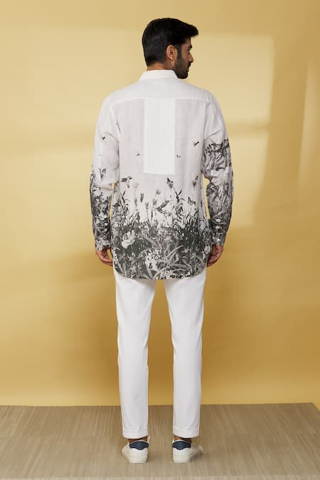 Shop MR. Ajay Kumar White Linen Embroidery Floral Print Shirt at Aza Fashions Shop_MR. Ajay Kumar_White Linen Embroidery Floral Print Shirt _at_Aza_Fashions