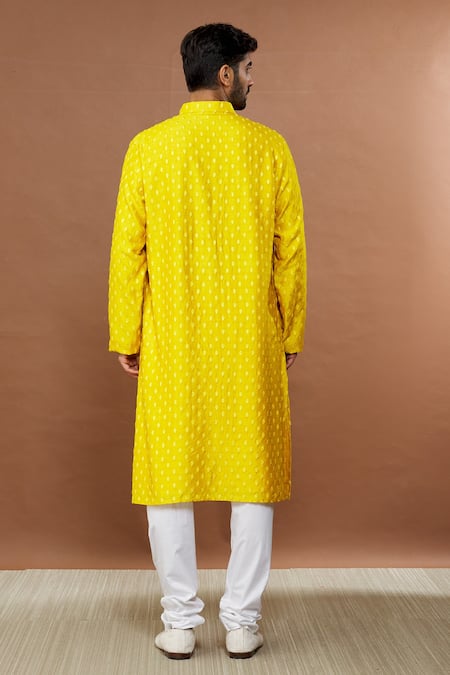 Shop Aham-Vayam Yellow Silk, Cotton Sequins Maharaja Embroidered Kurta Set at Aza Fashions Shop_Aham-Vayam_Yellow Silk, Cotton Sequins Maharaja Embroidered Kurta Set _at_Aza_Fashions