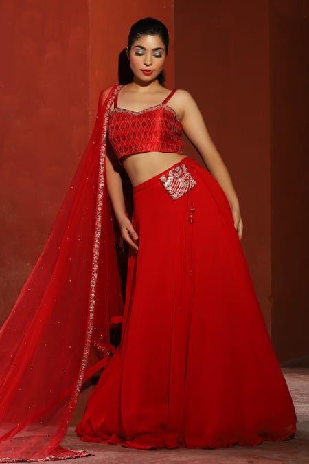 House Of Mithi Kalra Embroidered Pocket Lehenga Ikat Blouse Set 
