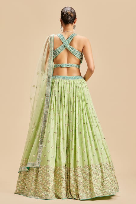 Shop Nitika Gujral Green Lehenga Georgette Embroidery Floral Sweetheart Neck Sequin Set at Aza Fashions Shop_Nitika Gujral_Green Lehenga Georgette Embroidery Floral Sweetheart Neck Sequin Set _at_Aza_Fashions