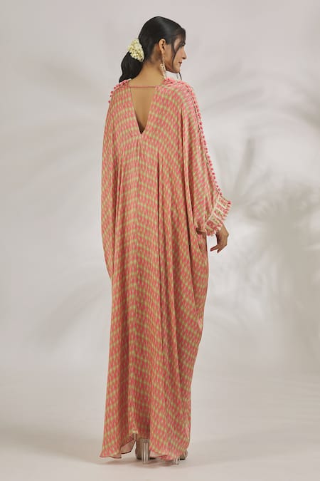 Gopi Vaid_Pink Satin Pom-poms V-neck Zeba Abstract Pattern Kaftan _Online_at_Aza_Fashions