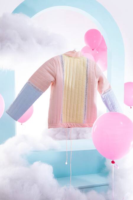 Shop_Little Luxury_Multi Color Cotton, Twill Lace, Embroidery Block Bomber Jacket _at_Aza_Fashions