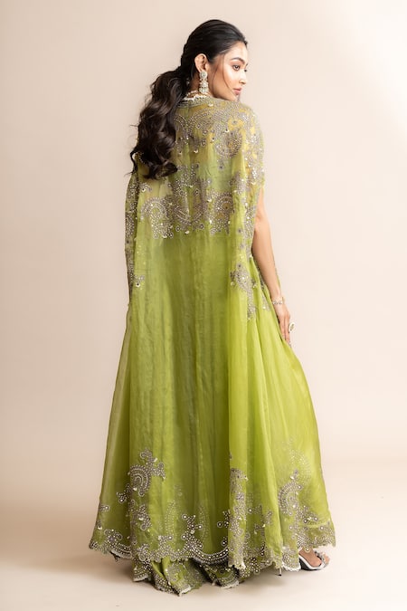 Shop_Nupur Kanoi_Green Crepe, Satin Studs, Pearls Embroidered Border Long Cape And Sharara Set _at_Aza_Fashions