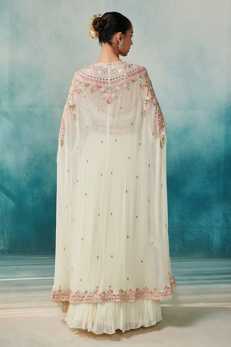SUHINO Georgette Embroidered Cape & Pleated Skirt Set 