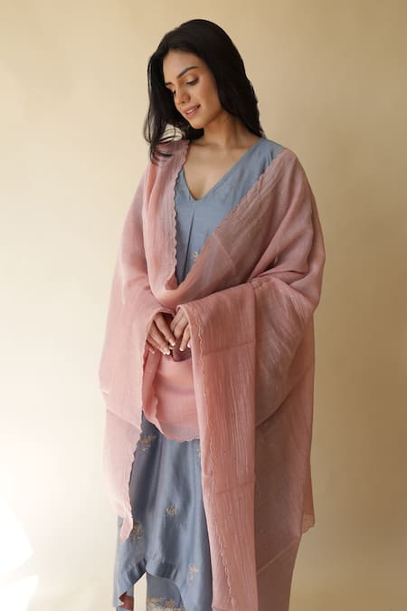 Shop_Rhua_Blue Silk, Cotton, Silk, Embroidery, Mukaish Kurta Set _at_Aza_Fashions