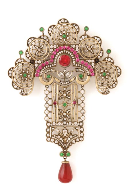 Shop_Cosa Nostraa_Gold Stones Victorian Themed Embellished Brooch _at_Aza_Fashions