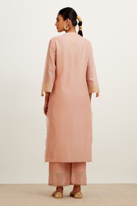 Shop Devnaagri Pink Chanderi And Organza Dori, Sequins Embroidered Straight Kurta Palazzo Set at Aza Fashions Shop_Devnaagri_Pink Chanderi And Organza Dori, Sequins Embroidered Straight Kurta Palazzo Set _at_Aza_Fashions