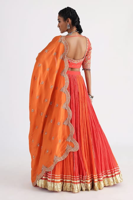 Shop_Smriti By Anju Agarwal_Orange Crepe, Silk, Bamboo Sequins, Cut Kesariya Pleated Lehenga Blouse Set _at_Aza_Fashions