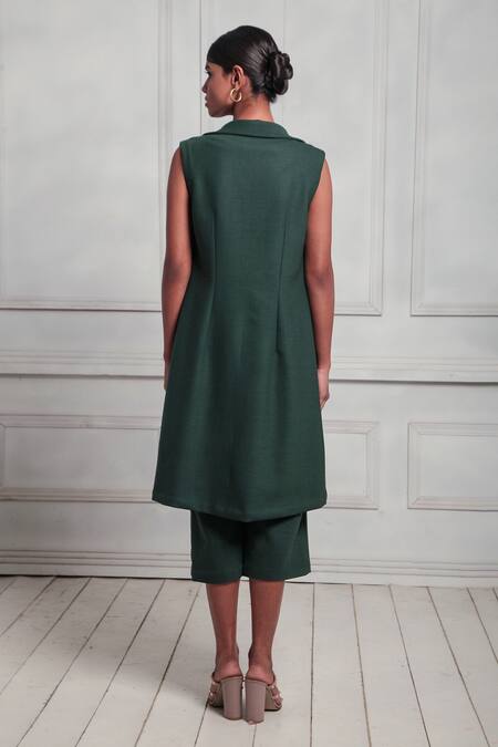 Shop_Couché By Anandini_Green Collared Doble Crep Duster And Culotte Set _at_Aza_Fashions