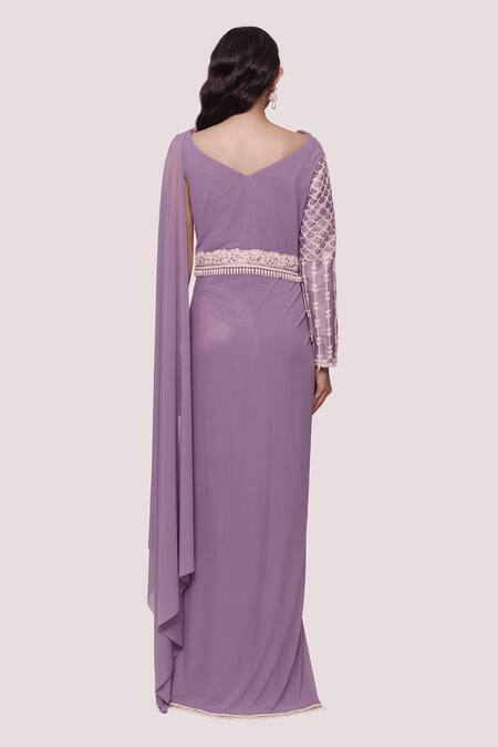 Shop Onaya Purple Lycra Net Embroidery Pearl And Cutdana Scoop Asymmetrical Sleeve Saree Gown at Aza Fashions Shop_Onaya_Purple Lycra Net Embroidery Pearl And Cutdana Scoop Asymmetrical Sleeve Saree Gown_at_Aza_Fashions