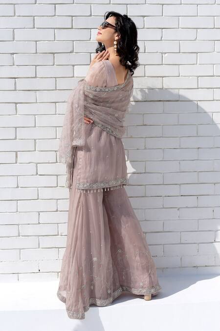 Shop Talking Threads Pink Silk Organza Crystals, Zari, Sequins Round Embroidered Kurta Sharara Set at Aza Fashions Shop_Talking Threads_Pink Silk Organza Crystals, Zari, Sequins Round Embroidered Kurta Sharara Set _at_Aza_Fashions
