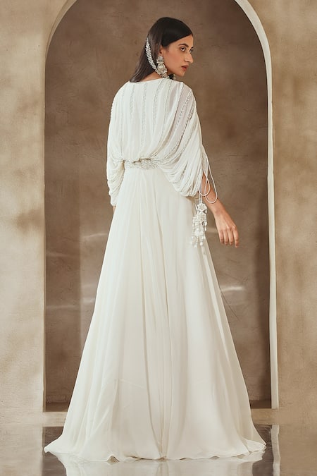 Shop_Seema Thukral_Ivory Georgette, Organza, Satin Embroidery Plunge Neck Draped Bodice Gown _at_Aza_Fashions