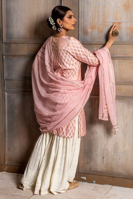 Monk & Mei By Sonia Anand_Pink Denim, Rayon, Chiffon Embroidery, Kumudini Brocade Kurta Sharara Set _Online_at_Aza_Fashions