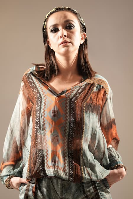 Shop_Nikita Mhaisalkar_Blue Georgette Sequins, Embroidery V-neck Butterfly Print And Top _at_Aza_Fashions