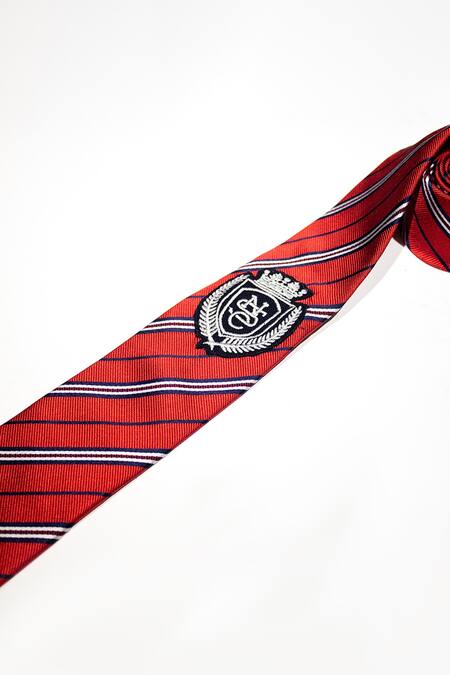 Shop S&N By Shantnu Nikhil Red Striped And Crest Pattern Silk Tie at Aza Fashions Shop_S&N By Shantnu Nikhil_Red Striped And Crest Pattern Silk Tie_at_Aza_Fashions
