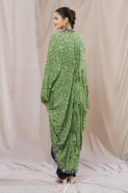Shop Nupur Kanoi Green Satin Embroidery, Embellished Draped Dress With Floral Print Jacket at Aza Fashions Shop_Nupur Kanoi_Green Satin Embroidery, Embellished Draped Dress With Floral Print Jacket_at_Aza_Fashions