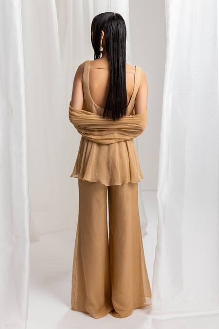 Seema Thukral Gold Georgette, Organza, Crepe Hand Embroidered Peplum Top And Flared Pant Set Online at Aza Fashions Seema Thukral_Gold Georgette, Organza, Crepe Hand Embroidered Peplum Top And Flared Pant Set _Online_at_Aza_Fashions