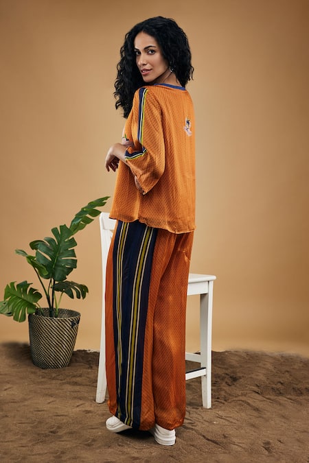 Shop Soup By Sougat Paul Orange Cotton, Silk Embroidery Round Neck Orchid Bloom Print Pant Co-ord Set at Aza Fashions Shop_Soup By Sougat Paul_Orange Cotton, Silk Embroidery Round Neck Orchid Bloom Print Pant Co-ord Set _at_Aza_Fashions