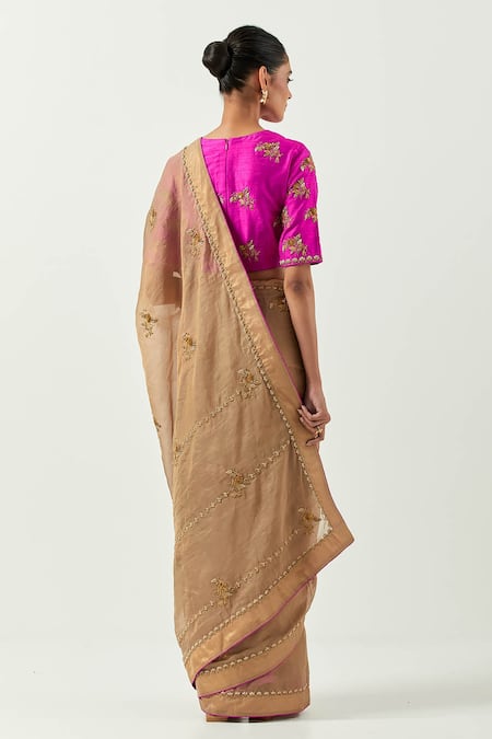 Shop_Label Earthen_Gold Tissue Embroidery Round Neck Surmai Gulab Saree With Blouse _at_Aza_Fashions