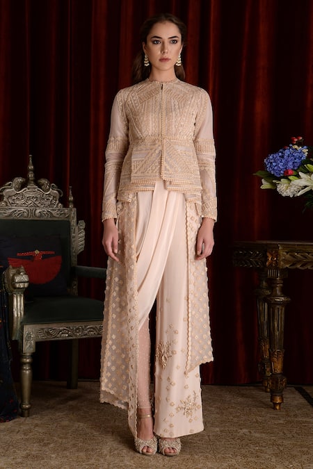Shop Sahil Kochhar Beige Organza, , Satin Jehan Flower Jacket Top And Drape Pant Set at Aza Fashions Shop_Sahil Kochhar_Beige Organza, , Satin Jehan Flower Jacket Top And Drape Pant Set _at_Aza_Fashions