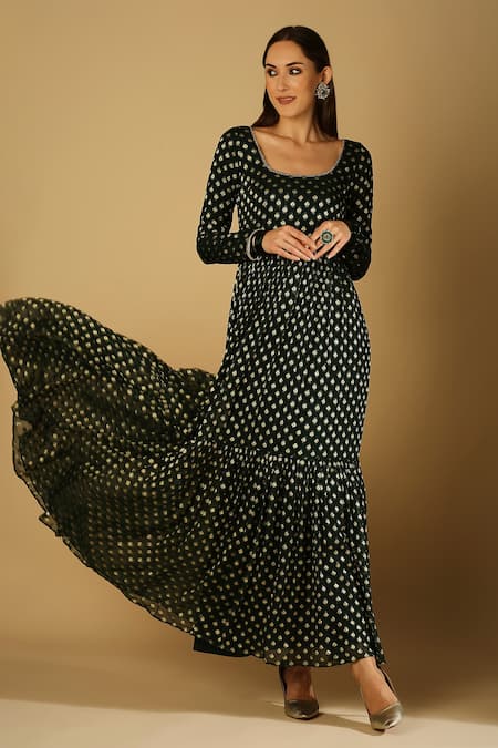 Shop Monk & Mei By Sonia Anand Emerald Green Georgette, Brocade Zari, Embroidery Scoop Floral Woven Anarkali at Aza Fashions Shop_Monk & Mei By Sonia Anand_Emerald Green Georgette, Brocade Zari, Embroidery Scoop Floral Woven Anarkali _at_Aza_Fashions