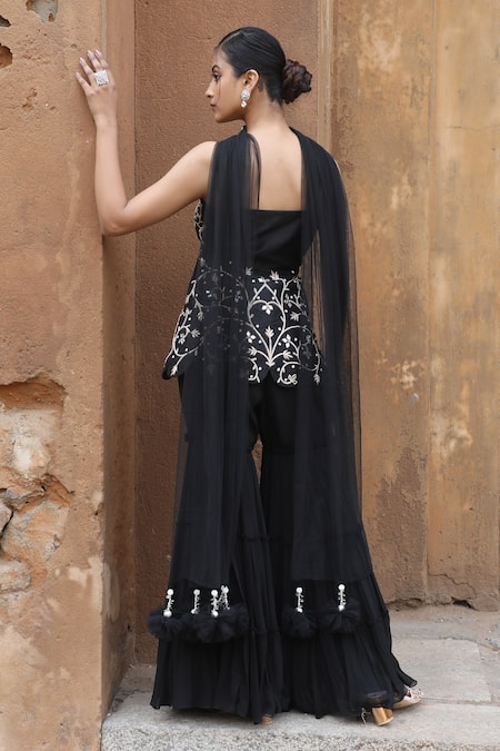 Shop_Nitisha Kashyap Official_Black Georgette, Net, Silk Mirrors, Embroidery, Floral Peplum Kurta Gharara Set _at_Aza_Fashions
