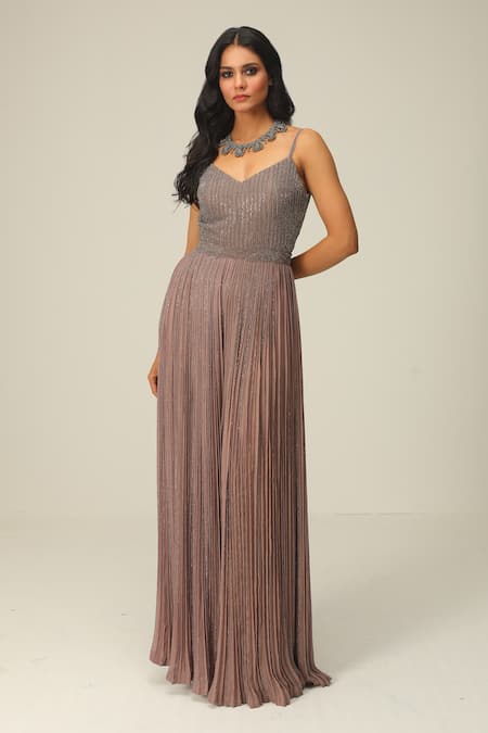 Shop_Rishi And Soujit_Beige Georgette And Organza Pleated Strappy Jumpsuit With Overlay  _at_Aza_Fashions