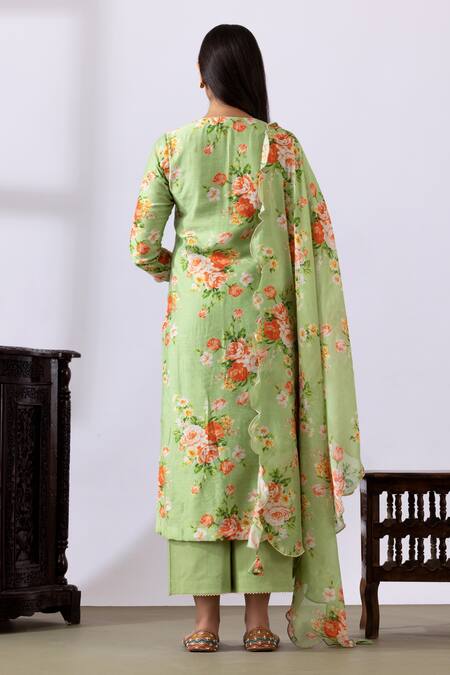 Shop Abbaran Green Chanderi Embroidery Round Neck Floral Print Straight Kurta Palazzo Set at Aza Fashions Shop_Abbaran_Green Chanderi Embroidery Round Neck Floral Print Straight Kurta Palazzo Set_at_Aza_Fashions