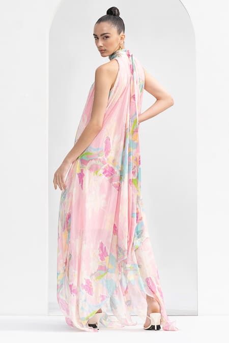 Mandira Wirk Resort_Pink Chiffon High Neck Tropical Print Dress _Online_at_Aza_Fashions