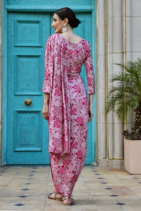 Karaj Jaipur_Pink Muslin Round Neck Printed Pre-draped Saree With Blouse _Online_at_Aza_Fashions