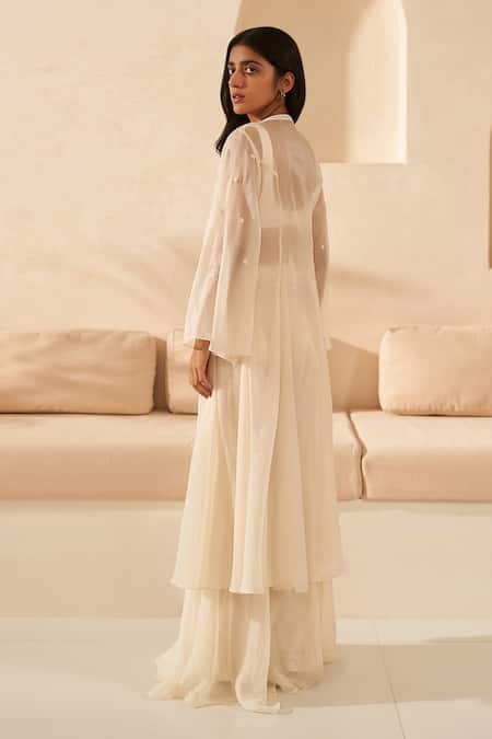 Shop_Zoon_Ivory Crepe, Organza, Chiffon Sequins Sleeve Embroidered Jacket Palazzo Set _at_Aza_Fashions