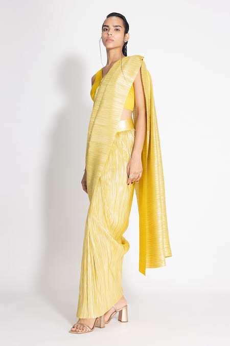 Shop 431-88 By Shweta Kapur Yellow Silk Plunge Neck Pre-draped Saree With Blouse at Aza Fashions Shop_431-88 By Shweta Kapur_Yellow Silk Plunge Neck Pre-draped Saree With Blouse_at_Aza_Fashions