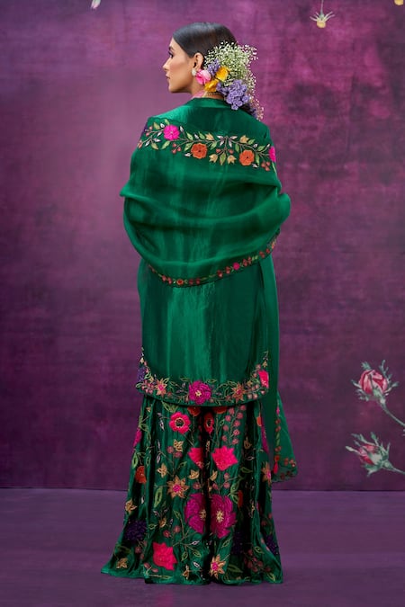 Shop Label Niti Bothra Green Kora Silk Mughal Round Applique Kurta Sharara Set at Aza Fashions Shop_Label Niti Bothra_Green Kora Silk Mughal Round Applique Kurta Sharara Set _at_Aza_Fashions