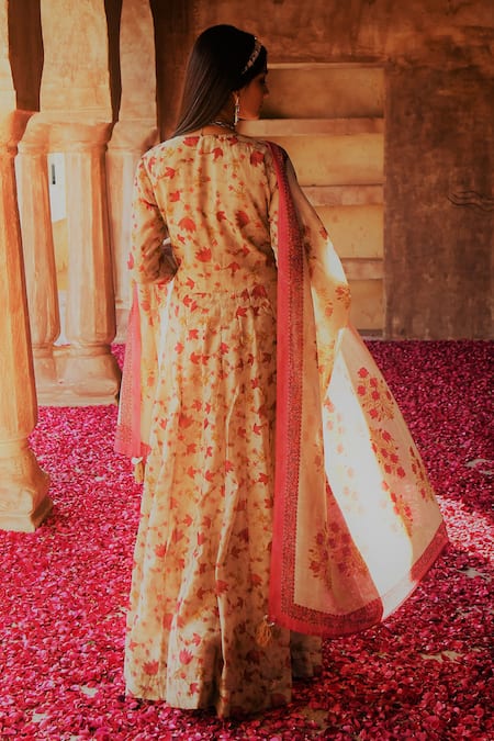 Karaj Jaipur_Beige Anarkali And Dupatta Chanderi, Pant Cotton Floral Pattern Round Set _Online_at_Aza_Fashions