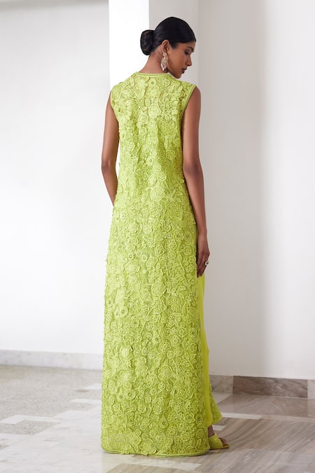 Shop_Mishru_Green Organza, Satin Ember 3d Floral Embroidered Jacket And Draped Skirt Set _at_Aza_Fashions