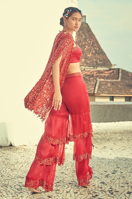 Shop Surily G Maroon Satin Organza Embroidered Floral Cutwork Layered Sharara at Aza Fashions Shop_Surily G_Maroon Satin Organza Embroidered Floral Cutwork Layered Sharara _at_Aza_Fashions