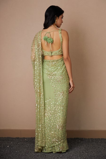 Shop_Astha Narang_Green Net, Crepe Sequins, Embroidery, Cut Work Scoop Neck Saree With Blouse _at_Aza_Fashions