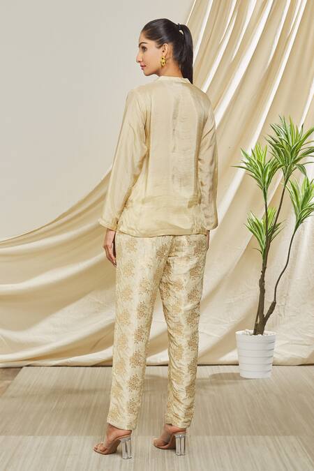 Shop_Peenacolada_Beige Silk, Brocade Embroidery Round Neck Collar Shirt And Pant Set _at_Aza_Fashions