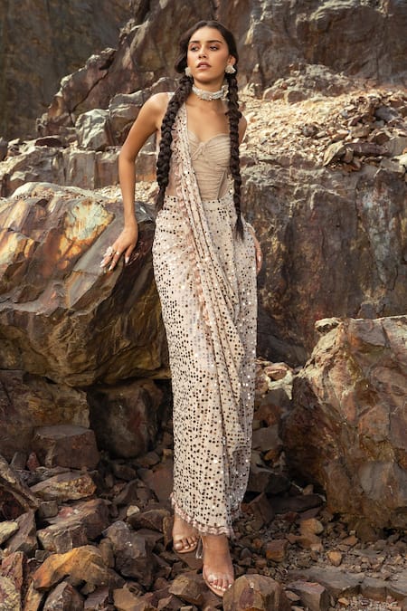 Shop_Nandita Thirani_Beige Lycra And Tulle Embroidery Retro Pre-draped Saree With Corset  _at_Aza_Fashions