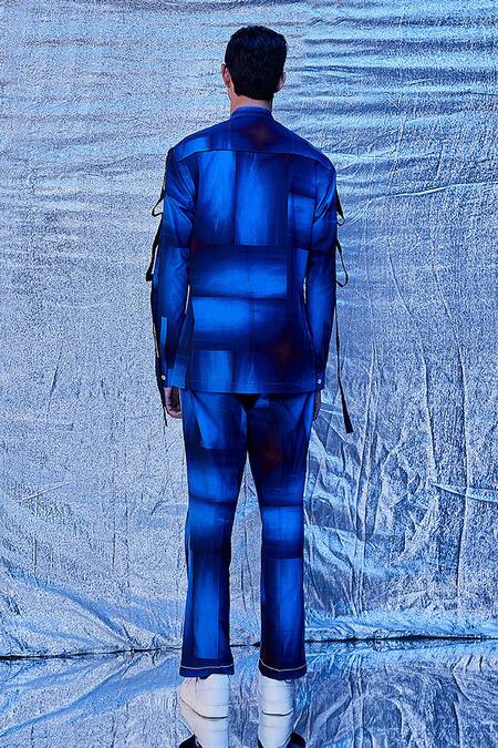 Shop_Line Out Line_Blue Cotton Poplin Interwoven Mandarin Collar Shirt With Pant_at_Aza_Fashions