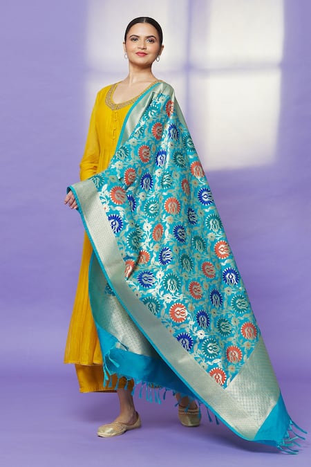 Shop Naintara Bajaj Blue Zari, Fringe Botanic Woven Floral Hem Dupatta at Aza Fashions Shop_Naintara Bajaj_Blue Zari, Fringe Botanic Woven Floral Hem Dupatta _at_Aza_Fashions