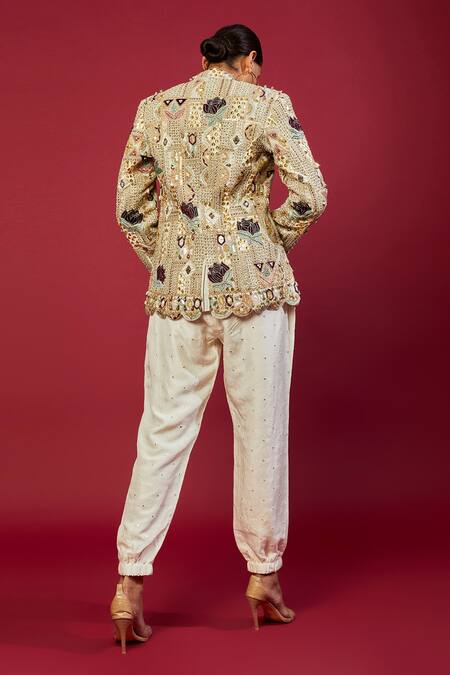 Shop Payal Singhal Off White Georgette Embroidery Geometric Jacket Blazer And Jogger Pant Set at Aza Fashions Shop_Payal Singhal_Off White Georgette Embroidery Geometric Jacket Blazer And Jogger Pant Set_at_Aza_Fashions