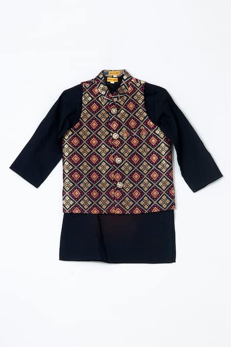 Shop Shruti Jalan Black Kota Doria, Cotton, Brocade Embroidery Bandhani Woven Bundi And Kurta Set at Aza Fashions Shop_Shruti Jalan_Black Kota Doria, Cotton, Brocade Embroidery Bandhani Woven Bundi And Kurta Set _at_Aza_Fashions