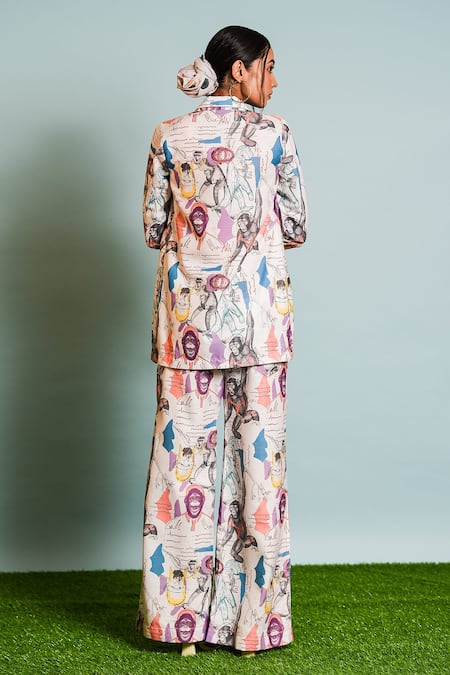 Shop The Dramebaaz CO Ivory Muslin, Silk Collared Japanese Macaques Print Jacket With Pant at Aza Fashions Shop_The Dramebaaz CO_Ivory Muslin, Silk Collared Japanese Macaques Print Jacket With Pant _at_Aza_Fashions