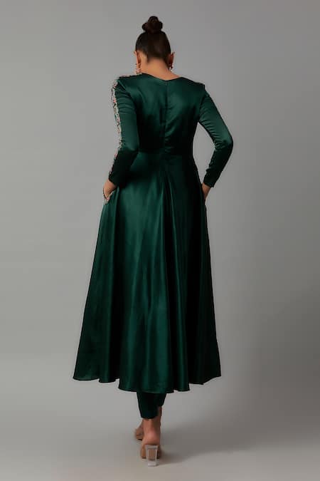 Shop The Aarya Green Maheshwari, Silk, Cotton Embroidery Round Neck Anarkali Set at Aza Fashions Shop_The Aarya_Green Maheshwari, Silk, Cotton Embroidery Round Neck Anarkali Set _at_Aza_Fashions