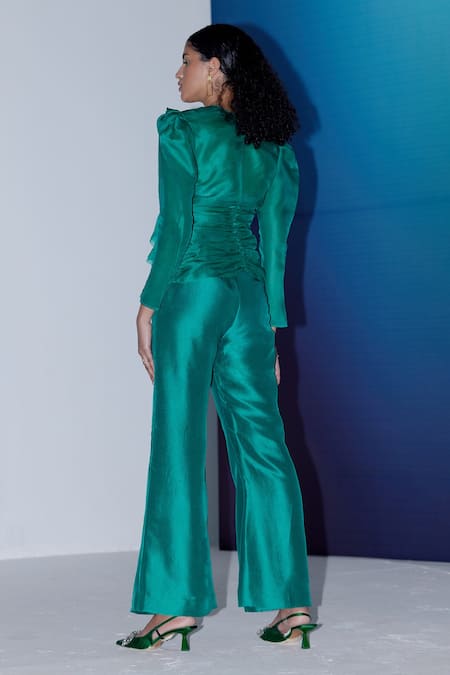 Shop Febo6 Green Silk Organza Round Neck Front Ruched Top at Aza Fashions Shop_Febo6_Green Silk Organza Round Neck Front Ruched Top _at_Aza_Fashions