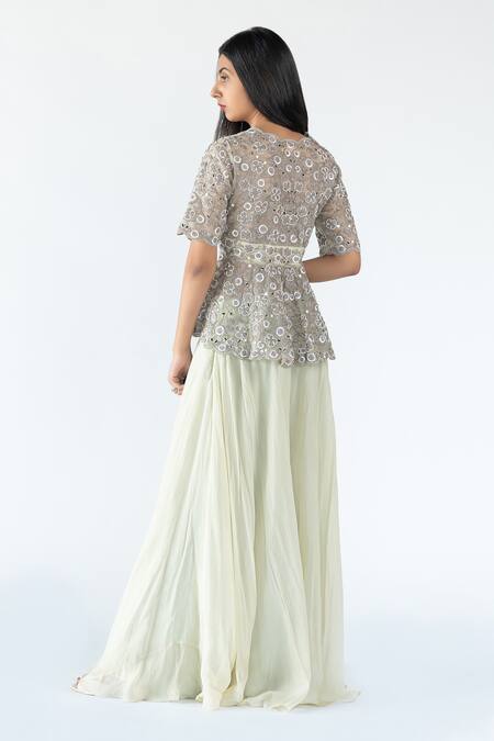 Shop Nikita Vishakha Green Gharara Organza, Top Tulle Dori, Moti Scallop Neck And Peplum Set at Aza Fashions Shop_Nikita Vishakha_Green Gharara Organza, Top Tulle Dori, Moti Scallop Neck And Peplum Set_at_Aza_Fashions